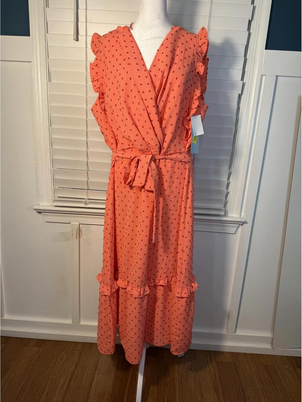 NWT London Times Woman 18W Coral Swiss Dot Ruffle Faux Wrap Maxi Dress Plus Size